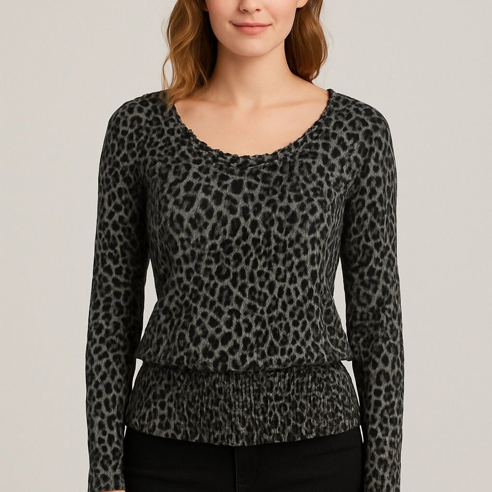 Apt. 9 Leopard Print Blouse Women Medium Grey Black Smocked Waist Long Sleeve
